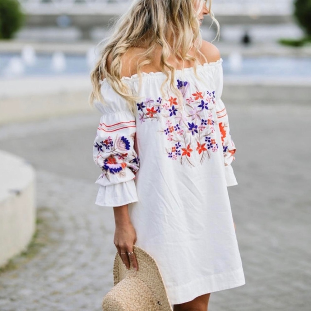Free People Off The Shoulder Fluer de Jour White Multi Minidress Size Large